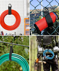 Eight Piece Heavy Duty Cable Organizer Set for Garage and Workshop Storage shown with straps holding red and blue cables
