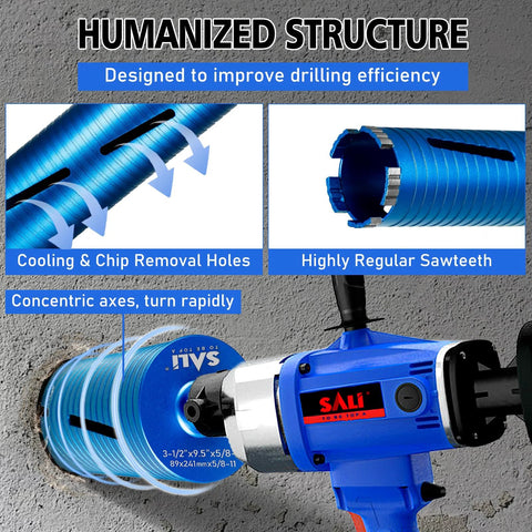 SALI diamond core drill with blue body and 2-inch diameter core bit; includes adapters for masonry.