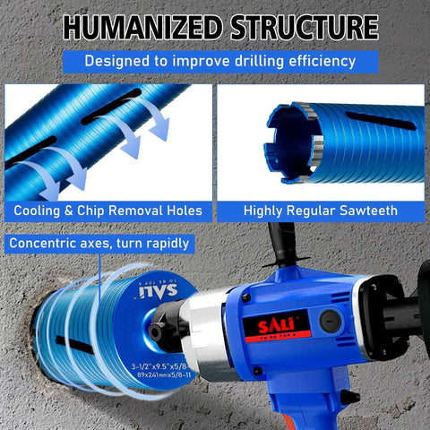 Side view of SALI blue diamond core drill with core bit for masonry drilling