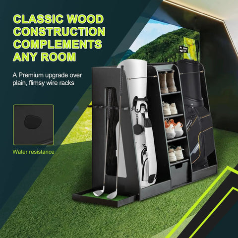 Wooden Golf Bag Organizer And Storage Cabinet For Two Bags With Drawers And Side Club Holders Keeps 12 Clubs Shoes Balls And Gear Neatly In A Modern Black Wood Cabinet For Home Garage Or Clubhouse, showcasing storage space.