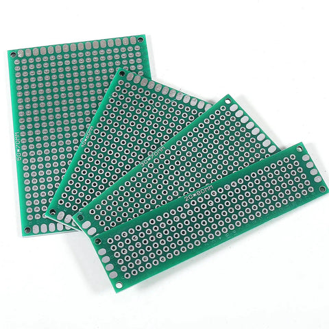 20 Piece Double Sided PCB Prototype Kit For DIY Projects Four Sizes Includes Five Boards Per Size Flexible Layout With No Predefined Routing Great For Arduino Prototyping And Electronics Nerds, showing four green FR4 boards in multiple sizes.