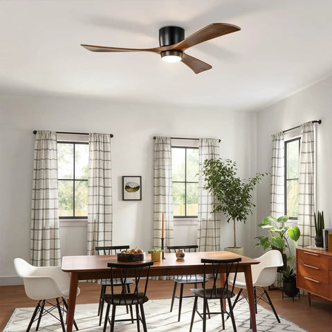 Neojoyoenix 52" Flush Mount Solid Wood Blades Ceiling Fan with Lights Remote Control,Quiet DC Motor, 6 Speed,Reversible for Patio Living Room, Bedroom, Office,Indoor.(Matte Black) in a dining area.