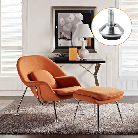 M6 Screw In Adjustable Furniture Levelers 16 Pcs Stainless Steel Swivel Table Glides on stylish orange chair and ottoman.