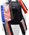 Clear Tool Pouch Set With Zipper, 13 Inch Pouches, Four Pack Quick Access Tool Organizers attached to a black backpack