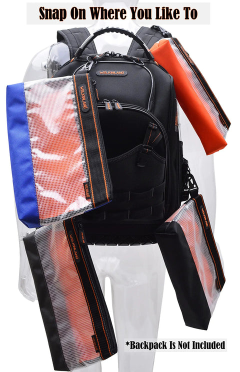 Clear Tool Pouch Set With Zipper, 13 Inch Pouches, Four Pack Quick Access Tool Organizers attached to a black backpack