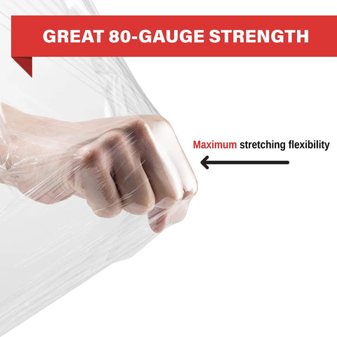 Top Shelf 18 Inch Stretch Wrap 80 Gauge Clear Plastic Film 4 Pack Bulk Rolls showcasing strong wrapping strength and flexibility.