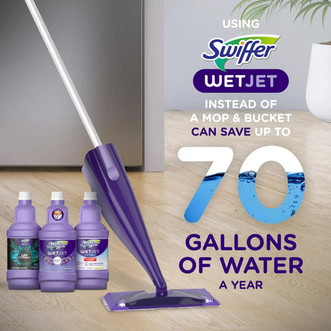 WetJet Floor Cleaner Refill With Gain Scent For Multi Purpose And Hardwood Floors, Pre Mixed Liquid Floor Cleaner Solution That Cuts Dirt And Sticky Messes, 42.2 Fl Oz Each, Pack Of Two bottles and mop display