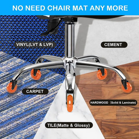 Ultra Silent Office Chair Casters Built Like A Tank Glide Smooth As Butter 3 Inch Pu Wheels Hardwood Floor Friendly Replacement Set Of Five Bright Orange on various floor types.