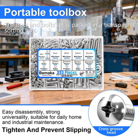 Heavy Duty Stainless Steel Screws And Nuts Assortment Kit, 333 Piece Phillips Pan Head Bolt Set With Washers in sorting box