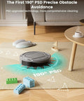 Compact Robotic Vacuum With Beast Mode Suction And Quiet Operation, 120 Minutes Run Time, Self Charging, WiFi App And Voice Control, Scheduled Cleaning, Great For Pet Hair And Hard Floors, Slim Design For Tight Spaces, M210 navigating obstacles on a carpeted floor in a living room.