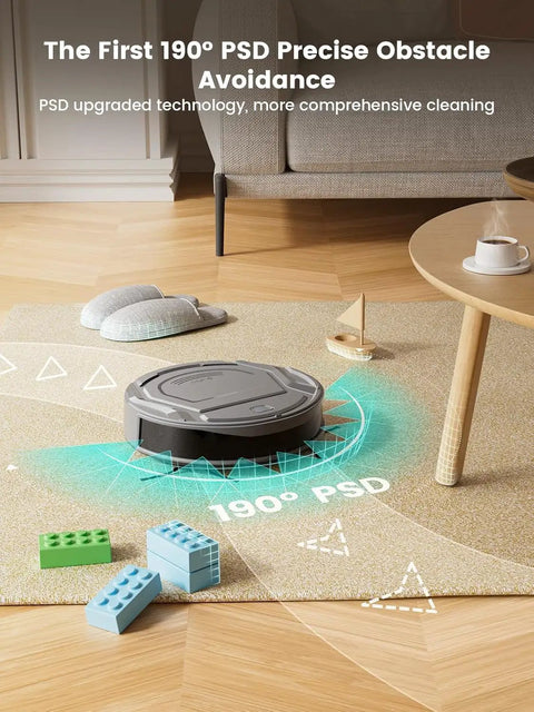 Compact Robotic Vacuum With Beast Mode Suction And Quiet Operation, 120 Minutes Run Time, Self Charging, WiFi App And Voice Control, Scheduled Cleaning, Great For Pet Hair And Hard Floors, Slim Design For Tight Spaces, M210 navigating obstacles on a carpeted floor in a living room.
