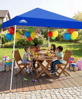 Children celebrating under 10x10 Pop Up Canopy Tent With Easy One Person Setup Center Lock System, blue, outdoor party setting.