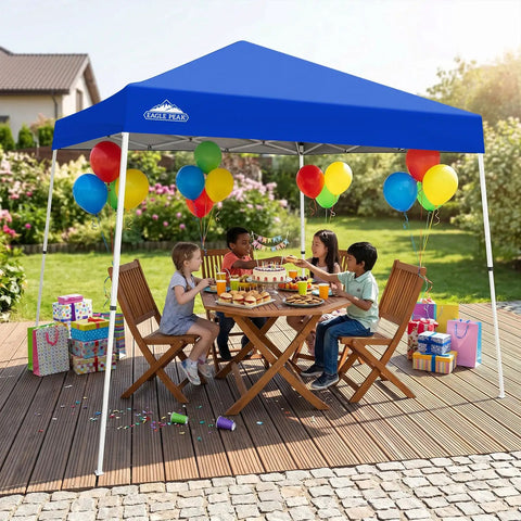 Children celebrating under 10x10 Pop Up Canopy Tent With Easy One Person Setup Center Lock System, blue, outdoor party setting.
