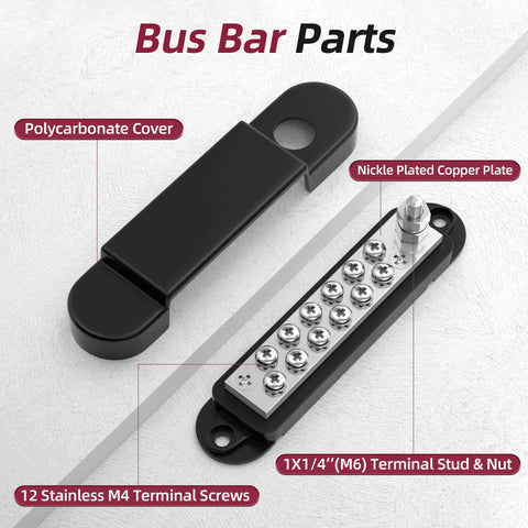 Marine Grade 12 Volt Bus Bar Power Distribution Block with one-quarter inch stud and twelve terminal screws, showing components.