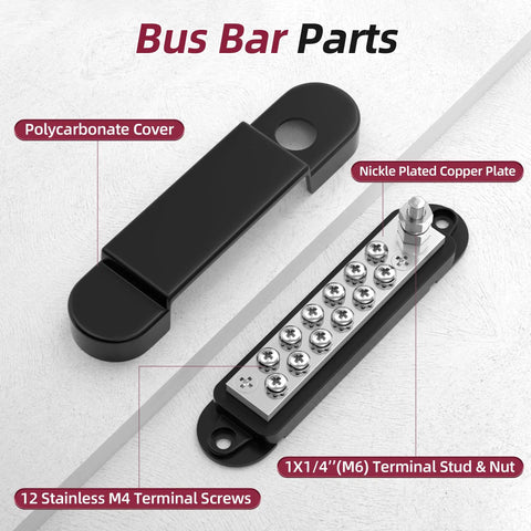 12V 150A Marine Power Distribution Block With One Quarter Inch Stud And M4 Terminal Screws Beefy Heavy Duty DC Battery Bus Bar For Boat Automotive And Solar Wiring, black cover