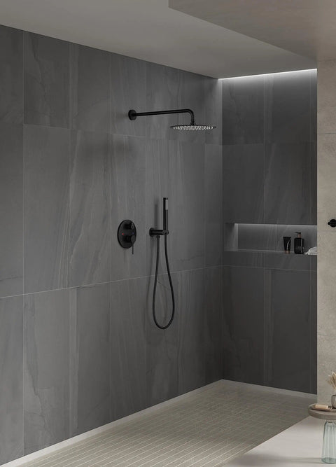 10 Inch Matte Black Round Rain Shower Set With Wall Mounted Rainfall Head And Handle Trim Kit, installed in modern bathroom
