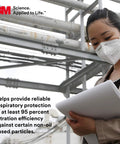 Person wearing N95 Disposable Respirator Mask Pack of 50 Flat Fold, Individually Wrapped, NIOSH Approved, industrial setting