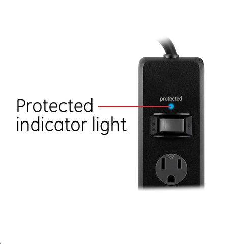 Close-up of Six Outlet Surge Protector with a 20 Foot Extension Cord for Your Home Office, showcasing protected indicator light.