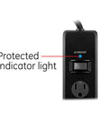 Close-up of Six Outlet Surge Protector Power Strip With 20 Ft Heavy Duty Extension Cord 800 Joules, focus on protected indicator light.