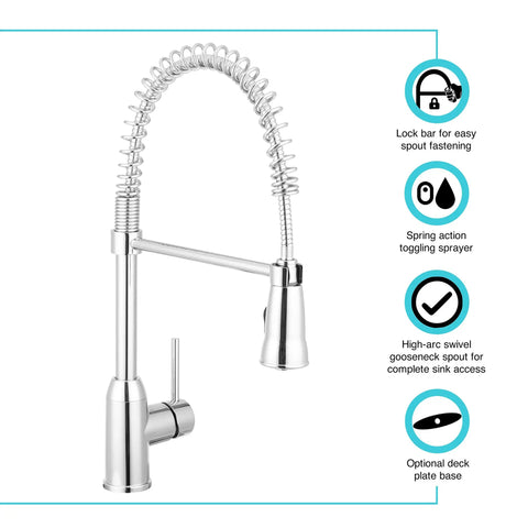 RV Kitchen Faucet With Pull Down Sprayer And High Arc Swivel Spout, Chrome Finish, featuring spring-loaded design and deck plate option
