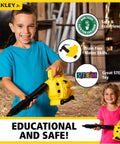 Child holding Red Toolbox Junior Battery Operated Blower Toy For Kids With Realistic Sound And Action, 3 AA Batteries Included