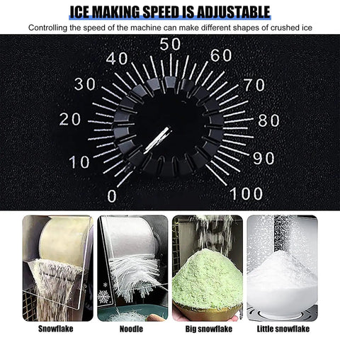 Commercial Electric Ice Shaver Machine With Adjustable Thickness dial and ice texture options, showing snowflake, noodle, big and little snowflake.