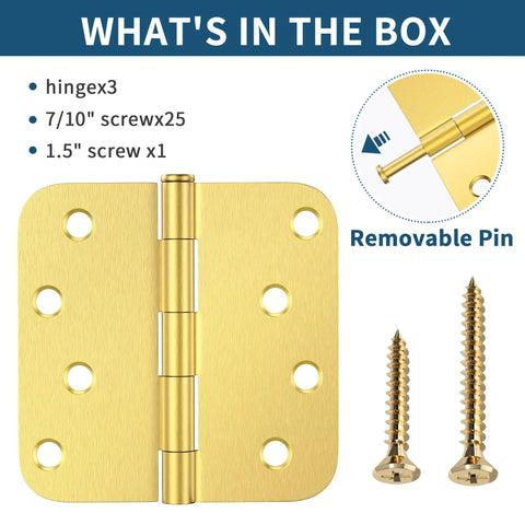 Three Pack Four Inch Exterior Door Hinges Brushed Gold With Five Eighths Inch Radius Corners Removable Pin Heavy Duty For Front And Back Doors