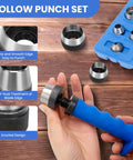 Pro Grade Hollow Punch Kit With Pin Point Shaft for gaskets and leather work, shown with multiple sizes and blue handle.