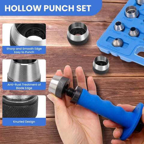 Pro Grade Hollow Punch Kit With Pin Point Shaft for gaskets and leather work, shown with multiple sizes and blue handle.