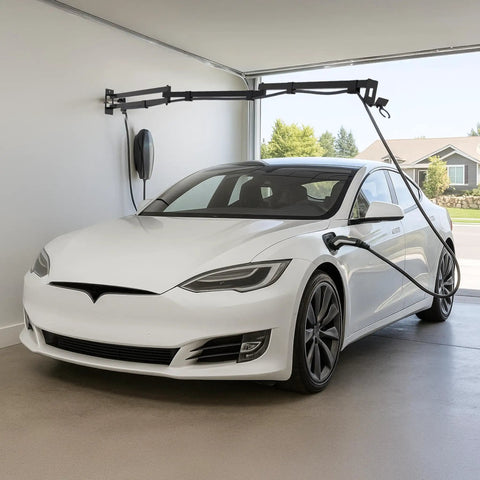 Heavy Duty Ev Cord Holder With Wall Mount Design And Adjustable Boom Arm To Tame Those Messy Level 2 Charging Cables And Keep Your Garage Floor Totally Clear In Matte Black with EV charging station