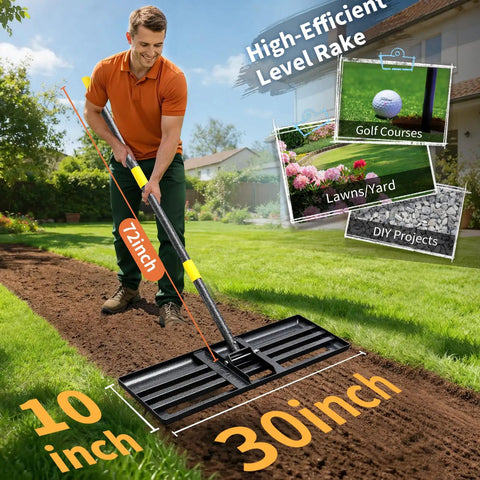 Pro Grade 6 Ft Lawn Leveling Rake With 30x10 Wide Head And Round Edge for Smooth Grass Soil Dirt Sand Yard Grooming