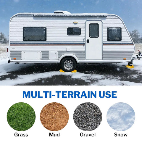 Heavy Duty Wheel Chocks For Rvs And Trailers securing RV on snow, demonstrating multi-terrain use with non-slip features.
