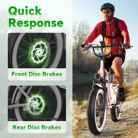 Two Seater Fat Tire Electric Bike With 1300W Peak Motor, 48V 20Ah Large Removable Battery 960Wh, Up To 80 Miles Range, 30 Plus MPH, 20 Inch By 4.0 Inch Fat Tires For Adults, Pink with front and rear disc brakes