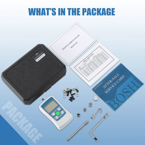 Digital Push Pull Force Gauge 500N With Real Time Peak And First Peak Modes Reads In N Lb Kg Oz With 0.1N Resolution Auto Shutoff 2 AAA Batteries Included Max Load 50Kg 110Lb 1800Oz Four Units Display For Precise Tension And Pull Tests, case and accessories