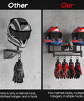 Comparison of Solid Wood and Metal Motorcycle Helmet Holder Wall Mount with Four Glove Clips and a single helmet rack.