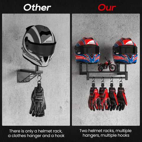 Comparison of Solid Wood and Metal Motorcycle Helmet Holder Wall Mount with Four Glove Clips and a single helmet rack.
