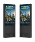 55 Inch Outdoor Digital Signage Kiosk With 3000 Nits Sun Crushing Lcd Display IP66 Waterproof Rock Solid Frame Vandal Resistance Tough As Nails Panel Runs Around The Clock For Business Marketing featuring a vibrant city display.