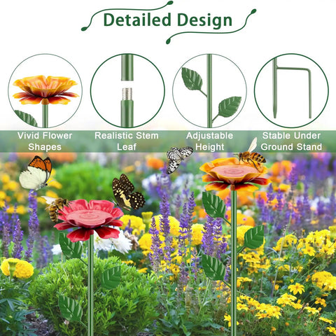 Two Pack Metal Bee Watering Station With Flower Design And Colorful Butterfly Bath Outdoor Garden Yard Patio Decor Attracts Bees And Butterflies With Durable Garden Feeder in vibrant garden setting, showing detailed flower shapes and adjustable height features.
