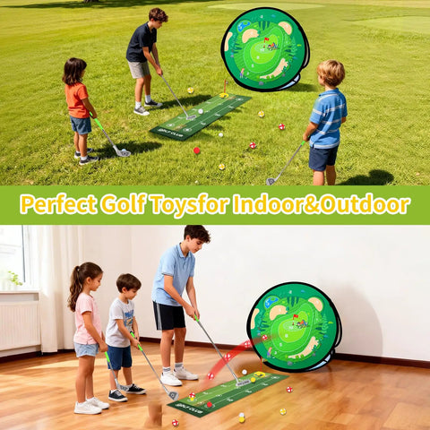 Kids playing with Toddler Golf Set 5 In 1 For Kids Indoor Outdoor Golf Toy with 3 clubs, putting mat, and chipping net.