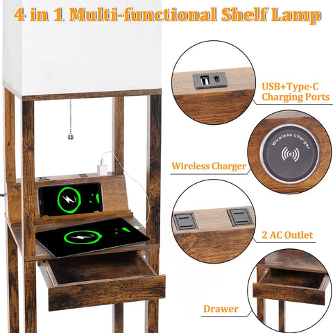 Must Have Floor Lamp With Shelves For Living Room And Bedroom, USB Ports A And C, Smart Wireless Charger, AC Outlets, Built In Drawer