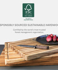 Killer Size Top Shelf Teak Wood Cutting Board 20X15 Inches Food Safe Kitchen Prep Station with knife and radishes.