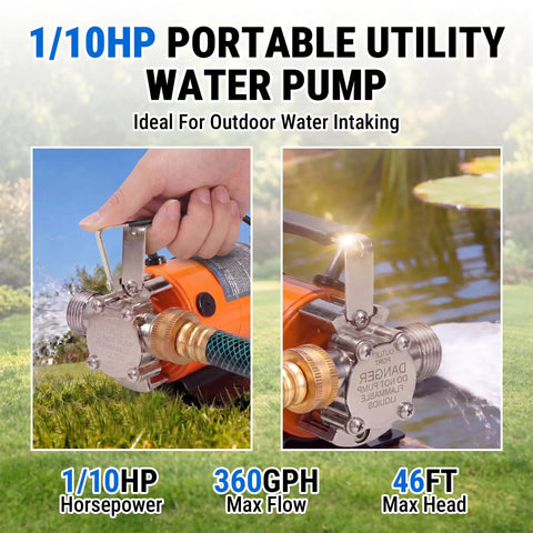 Badass Heavy Duty Water Transfer Pump Handles 360 Gallons Per Hour With 46 Foot Max Head Lift Crafted For Lawn Drainage And Barn Watering No Sweat Powerhouse, showing inlets and features.