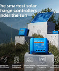 SmartSolar MPPT Solar Charge Controller with Bluetooth displayed on concrete blocks with solar panel in outdoor setting