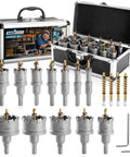 Heavy Duty Tungsten Carbide Hole Saw Kit 18 Piece Set For Metal Stainless Steel Wood Iron Plastic displayed in case