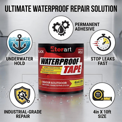 Heavy Duty Waterproof Tape 4 Inch By 10 Ft Rubberized Seal Patch for Active Leaks, wet or dry, quick fix for roofs and pools.