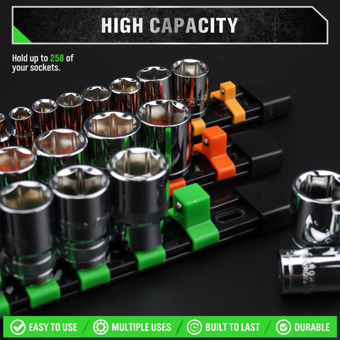 18 Piece Socket Organizer Set With Quarter Inch 96 Clips Three Eighths Inch 90 Clips And Half Inch 72 Clips For Tool Box Drawer