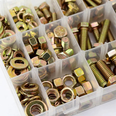 236 Piece Grade 8 Hex Bolt And Nut Assortment Kit With Flat Washers Cast From Premium Alloy Steel in a durable storage bin.