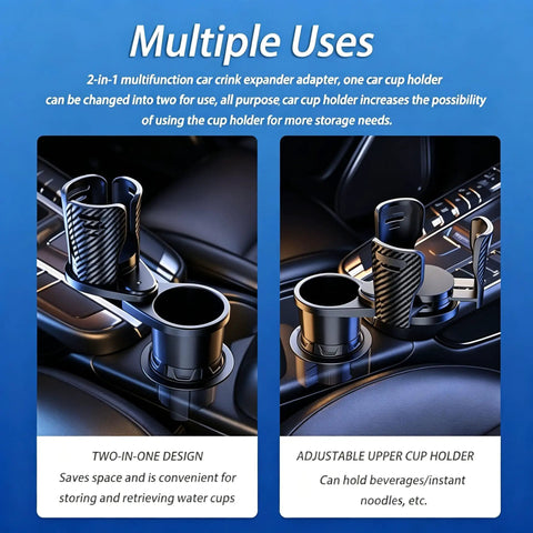 Premium Adjustable 2 In 1 Cup Holder Expander For Tesla Cybertruck Console Drink Stand With Straight Up Heavy Duty Grip No Nonsense Stability Built Tough Accessory, showing dual cup holder design.