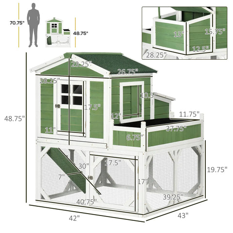 Front view of 49 Inch Chicken Coop With Garden Space And Outdoor Run Cage Weatherproof Hen House for 2 to 4 birds, green and white.