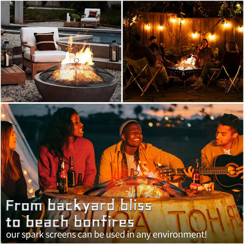 24 Inch Fire Pit Spark Screen with foldable hook and marshmallow sticks being used in backyard and beach settings